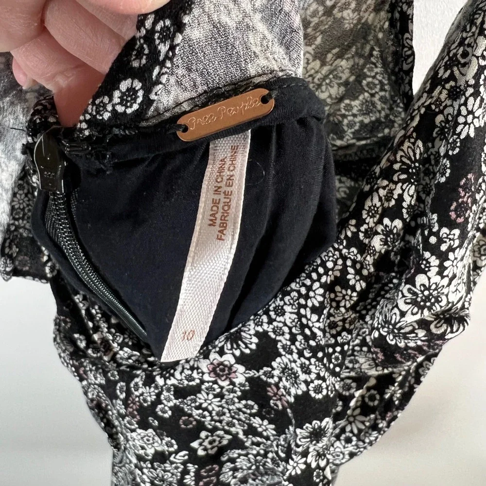Free People Floral Paisley Ruffle Romper‎ Black White OB514093 Size 10 NWT